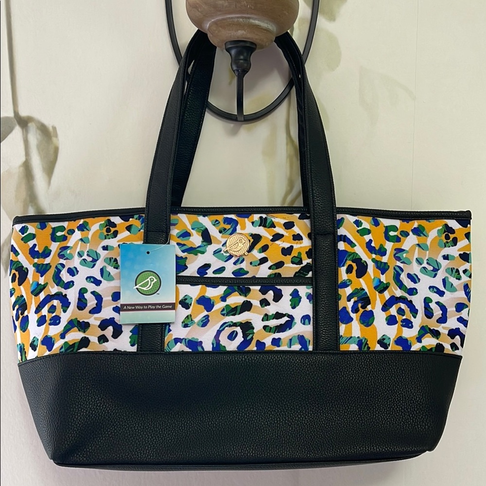 Birdie Balou Black Tote Bag with Vibrant Leopard Print
